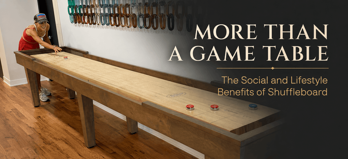 Woman playing on a handcrafted McClure shuffleboard table in a home game room