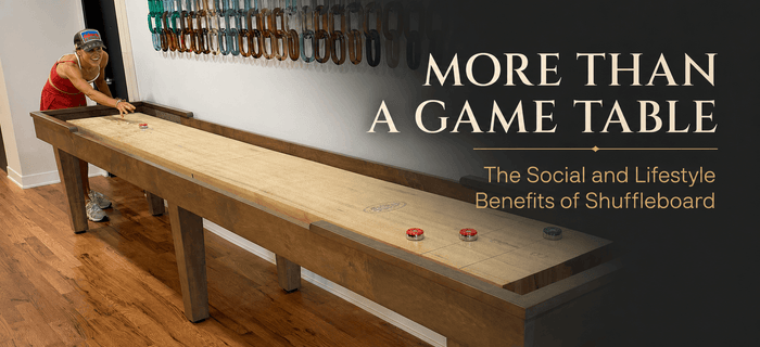 Woman playing on a handcrafted McClure shuffleboard table in a home game room