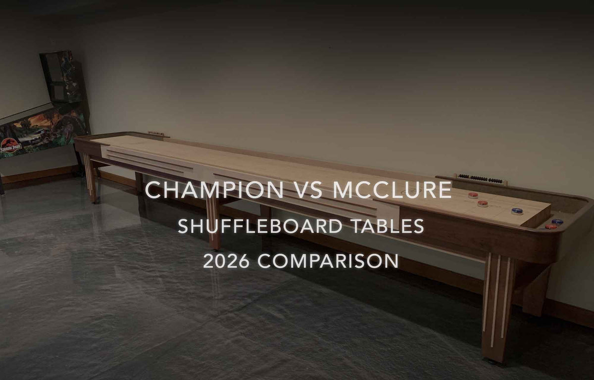 Champion vs McClure shuffleboard tables 2026 model comparison image featuring wood cabinet design