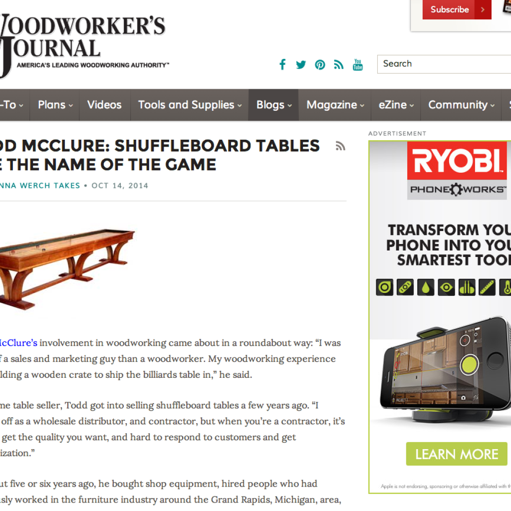 McClure Tables Featured In Woodworker's Journal