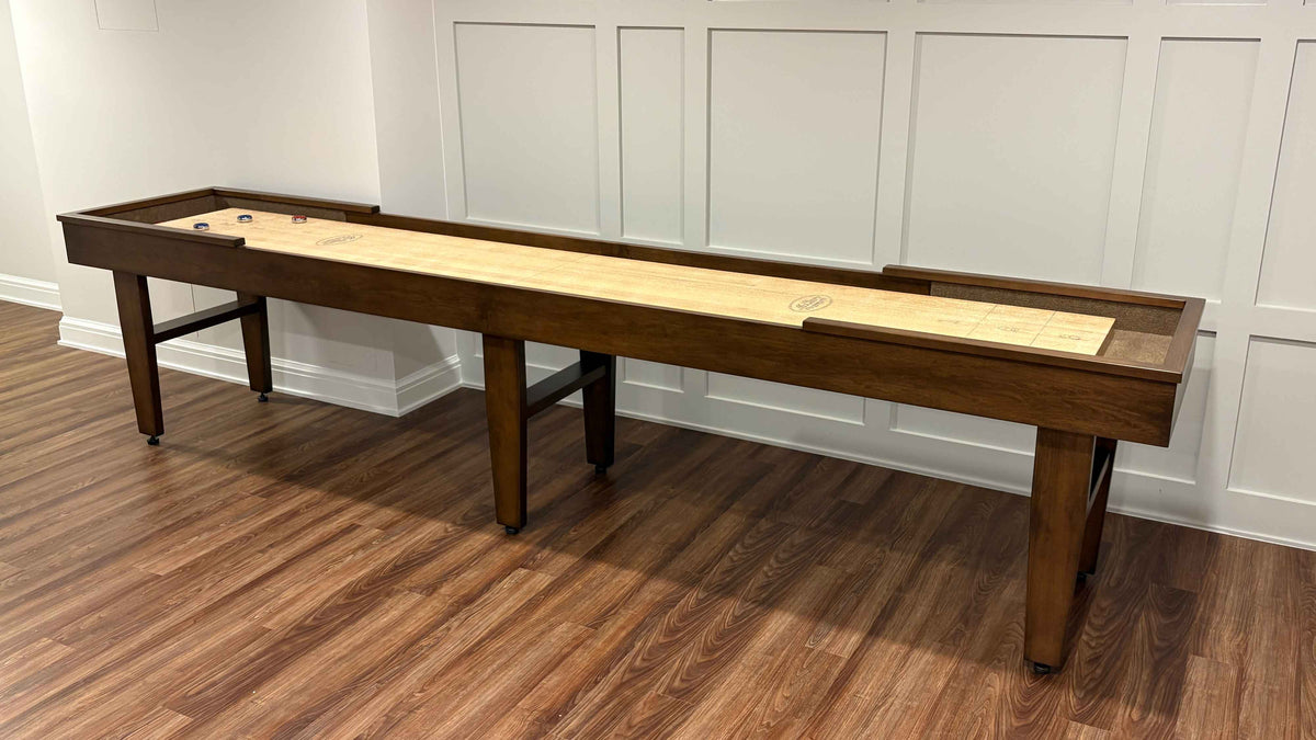 McClure Lexington shuffleboard table with 18-inch playboard in Walnut finish