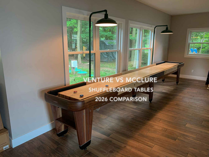 Venture vs McClure shuffleboard tables 2026 model comparison in residential showroom setting