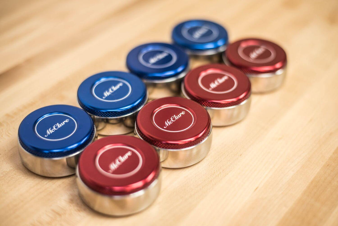 Pro Weights Stainless Steel Pucks with Aluminum Caps - Red/Blue
