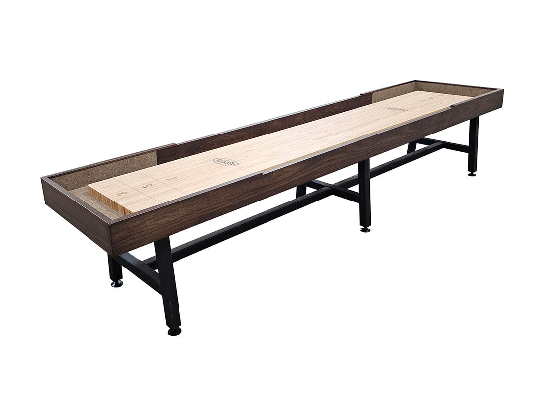 14' Contempo Shuffleboard Table  Walnut W Metal Base ( 3" Playboard)
