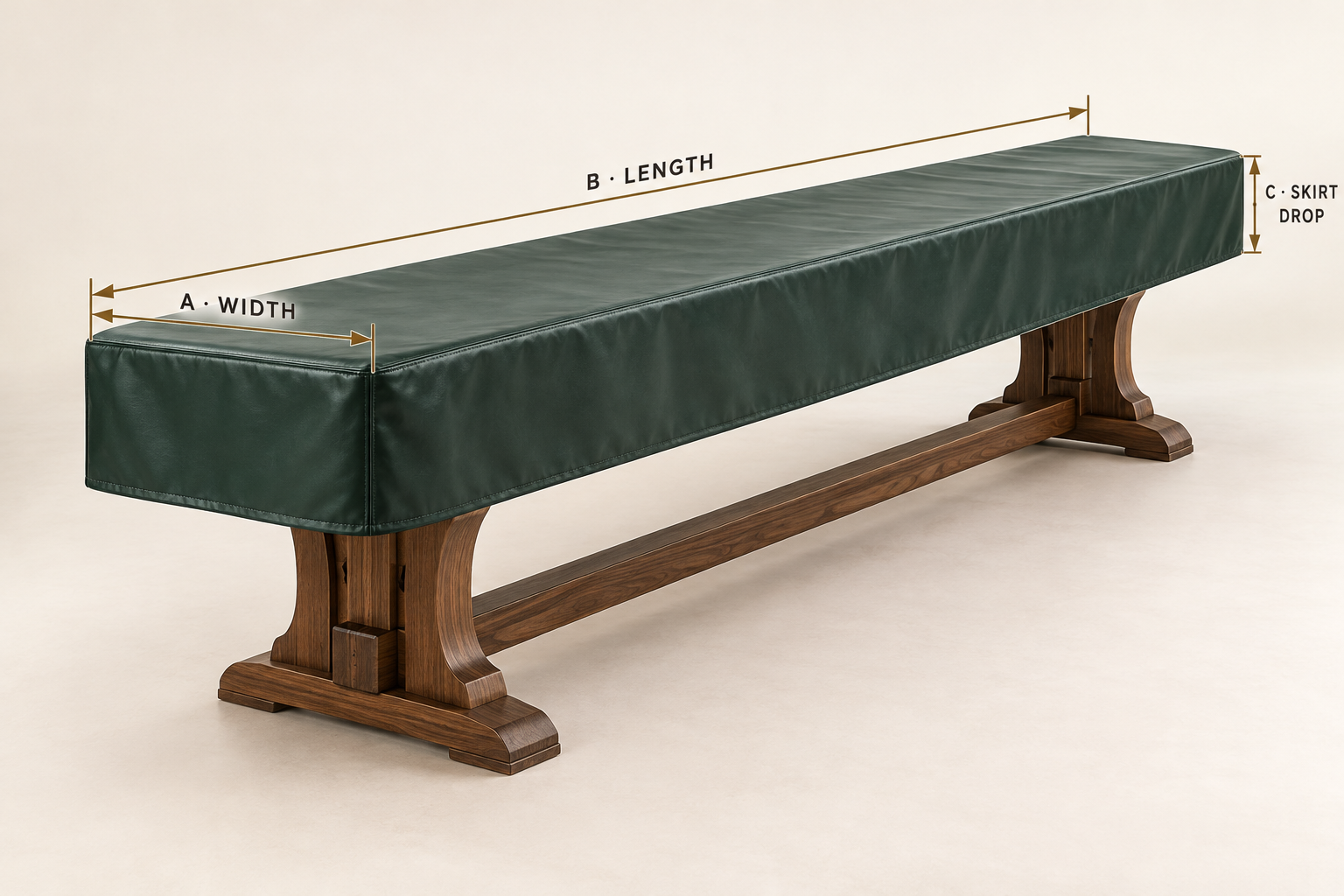 Realistic illustration of a covered shuffleboard table with walnut trestle legs. A marks the outside width across the short end, B the overall length, and C the vertical skirt drop to the cover hem.
